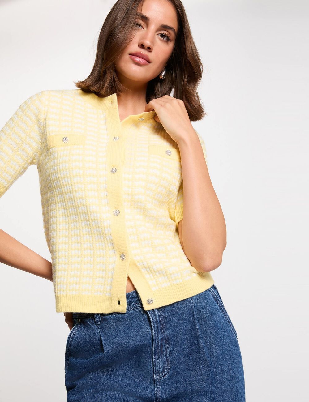 Gilet manches courtes imprim&eacute; jaune clair femme