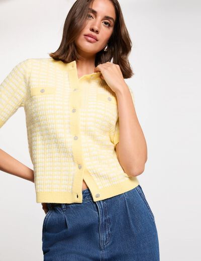 Gilet manches courtes imprim&eacute; jaune clair femme