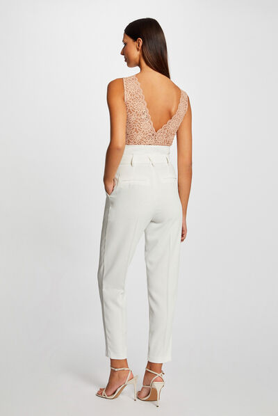 Pantalon paperbag ceinturé ecru femme