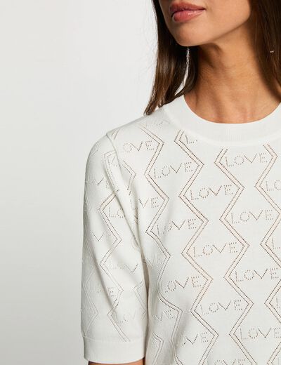 Pull ajour&eacute; manches 3/4 blanc femme