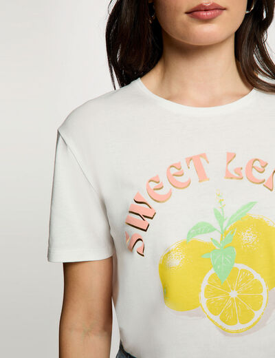 T-shirt imprim&eacute; col rond blanc femme