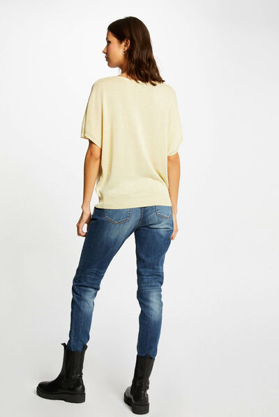 Pull manches courtes avec boutons jaune paille femme