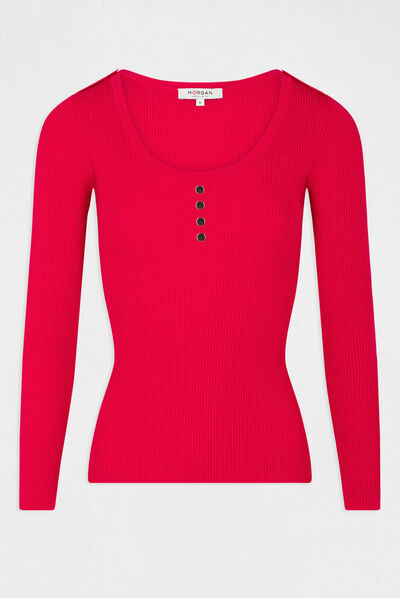 Pull manches longues à col en U framboise femme