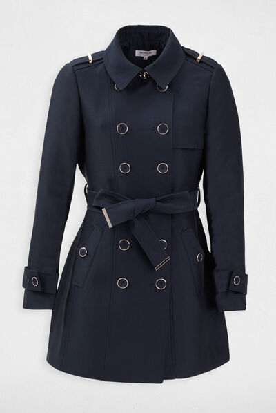Manteau droit ceinturé boutonné marine femme