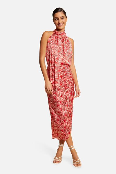 Jupe longue droite imprimé abstrait rouge femme