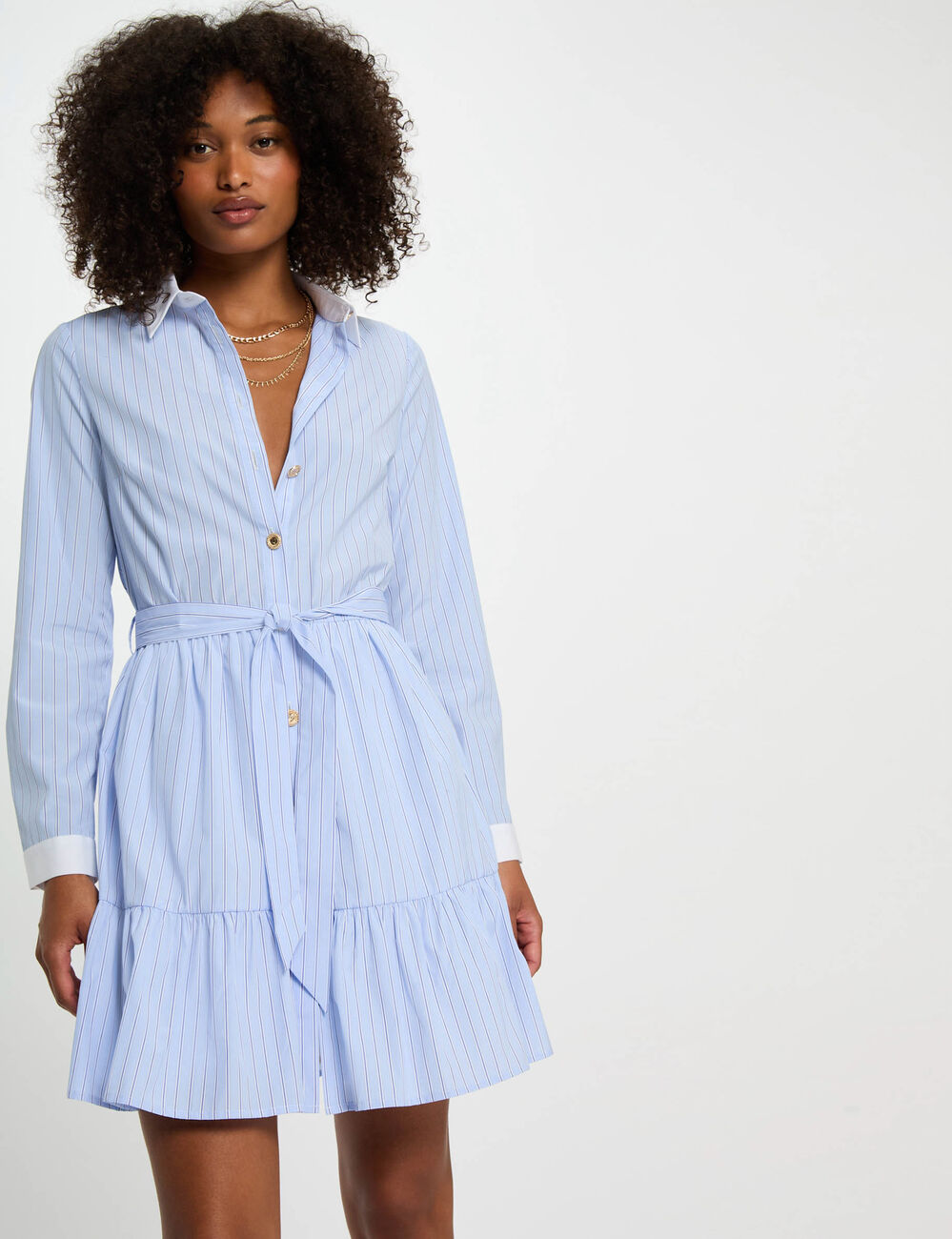 Robe courte trap&egrave;ze ray&eacute;e bleu ciel femme