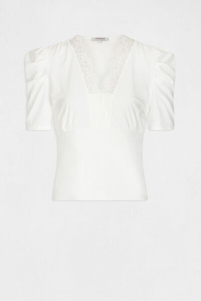 T-shirt manches courtes à dentelle ecru femme
