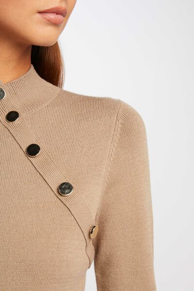 Pull manches longues boutons décoratifs taupe femme