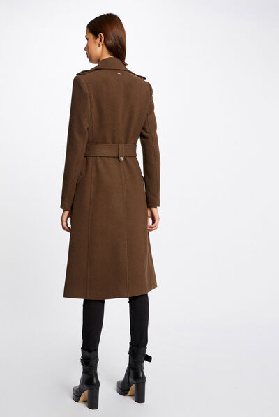 Manteau droit boutonné et ceinturé olive femme