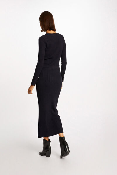 Jupe longue droite en tricot marine femme