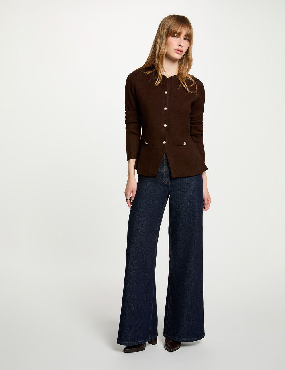 Gilet col rond marron fonc&eacute; femme