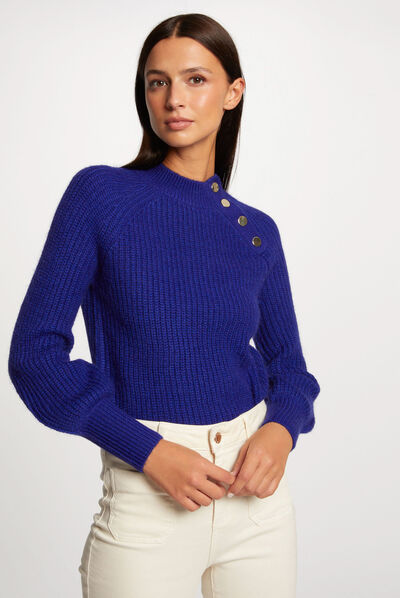 Pull manches longues col montant bleu moyen femme