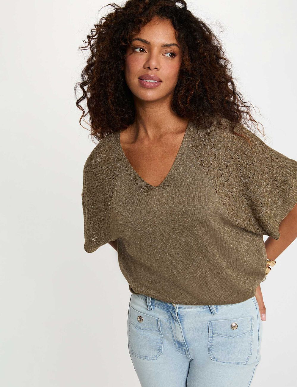 Pull oversize col v vert kaki femme