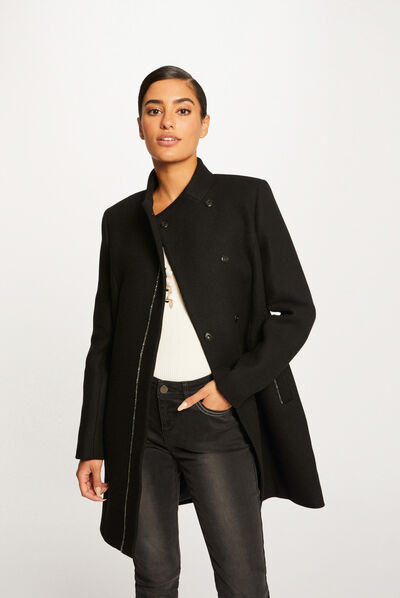 Manteau droit boutonné noir femme