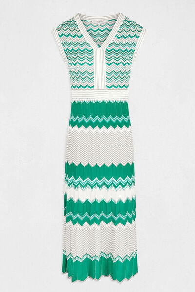 Robe pull longue droite imprimé chevron vert femme