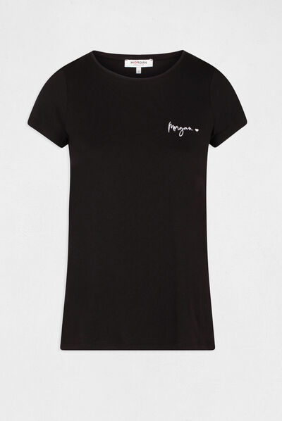 T-shirt manches courtes avec broderie noir femme