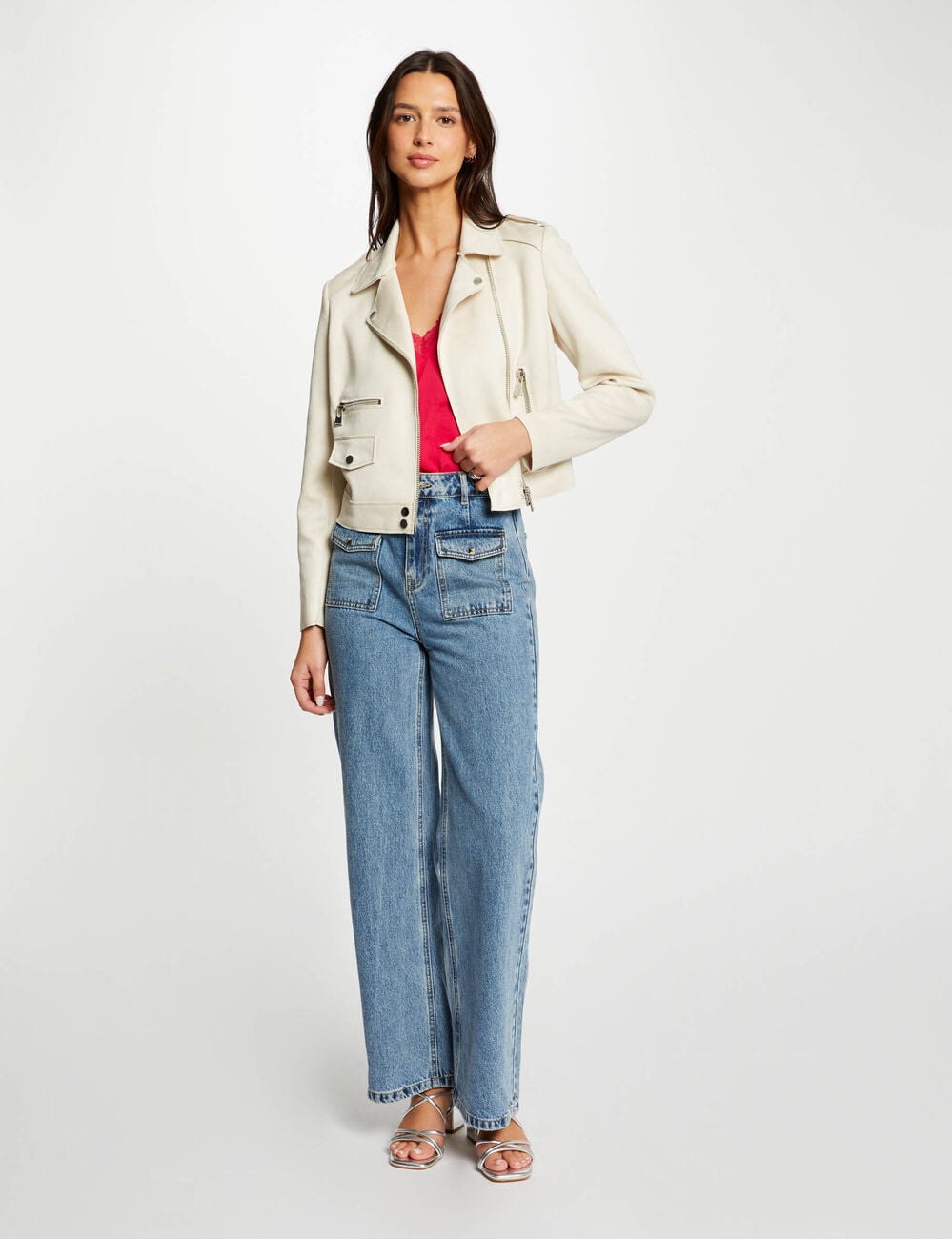 Blouson court zipp&eacute; su&eacute;dine ecru femme
