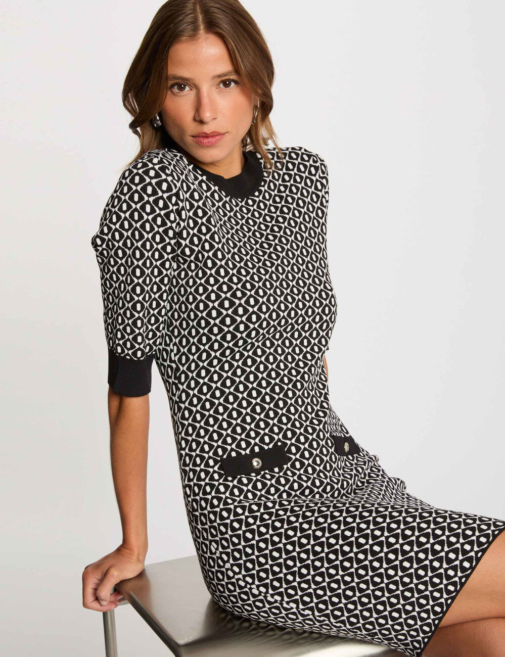 Robe tricot ajust&eacute;e imprim&eacute;e noir femme