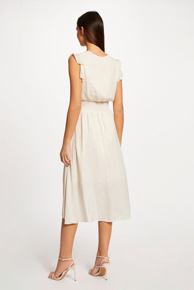 Robe midi évasée fluide drapée smockée ecru moyen femme