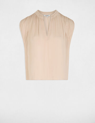 Blouse manches courtes satin beige clair femme