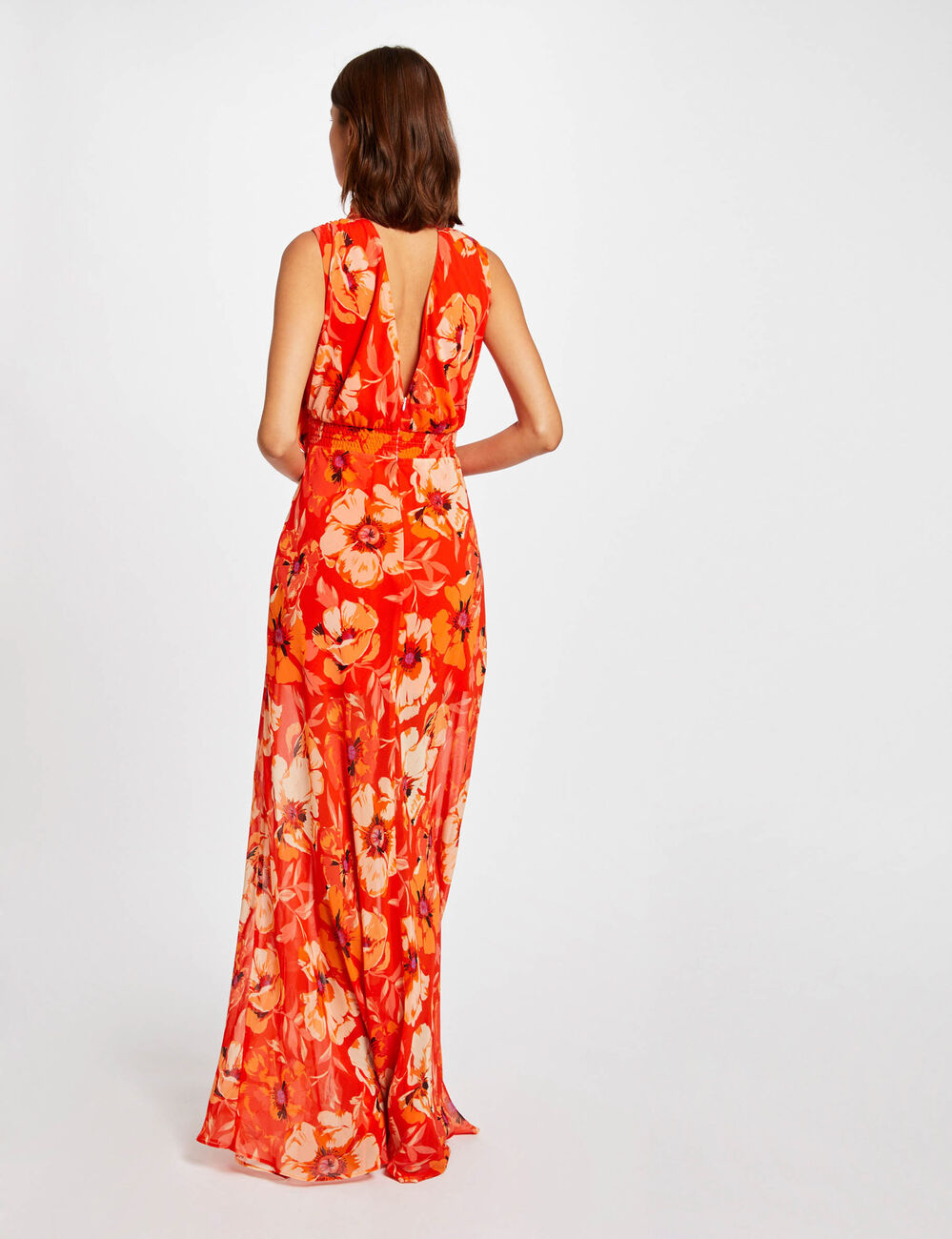 Robe longue droite fendue imprimé floral orange femme