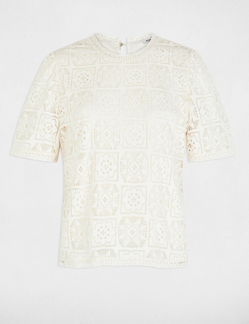 T-shirt dentelle col montant ivoire femme