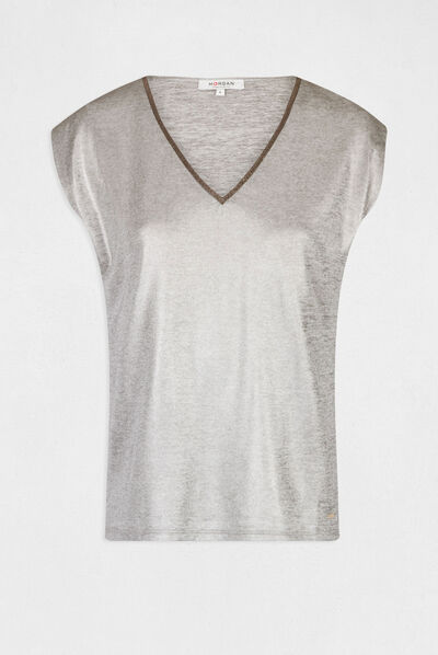 T-shirt manches courtes métallisé argente femme