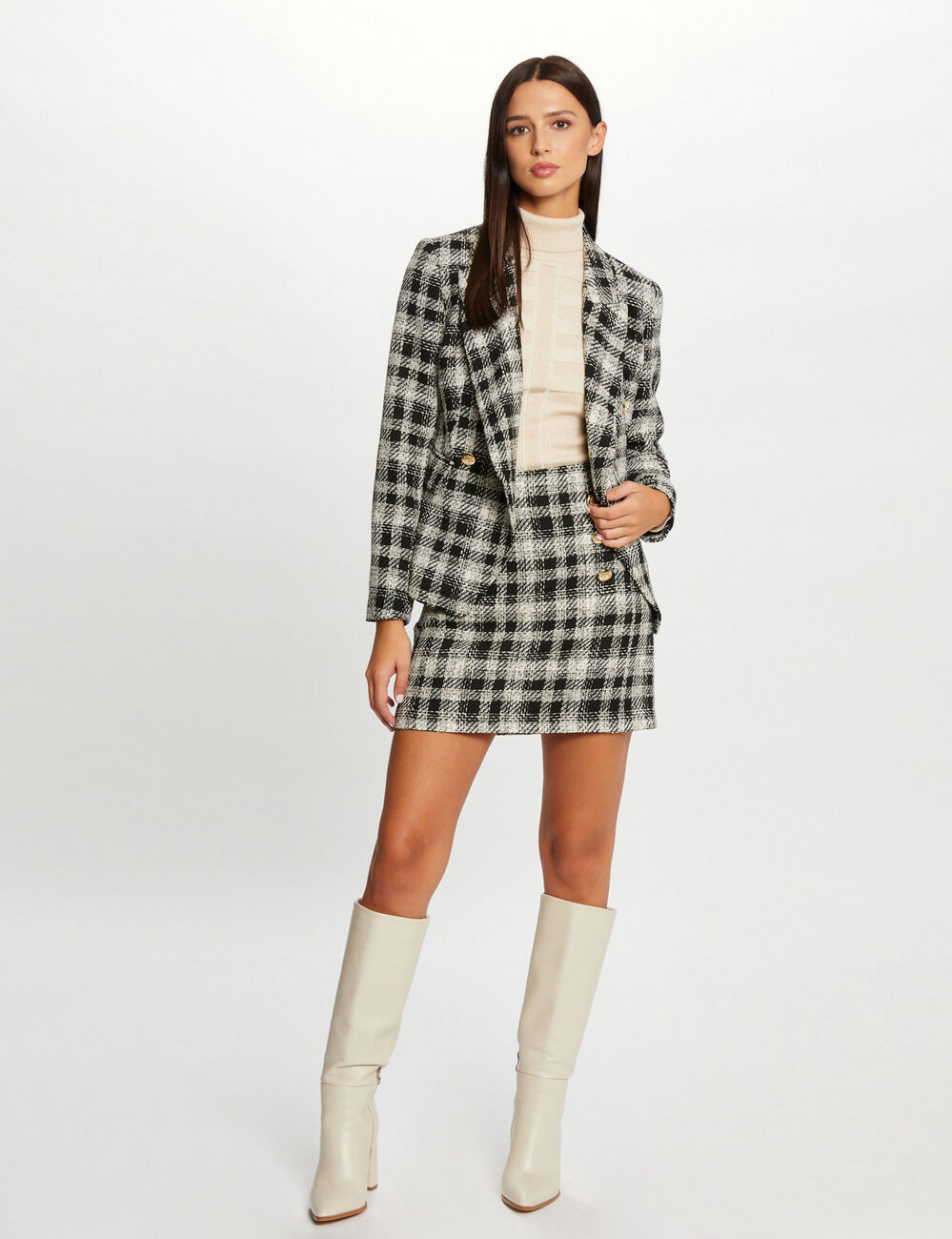 Veste cintrée boutonnée à carreaux noir femme