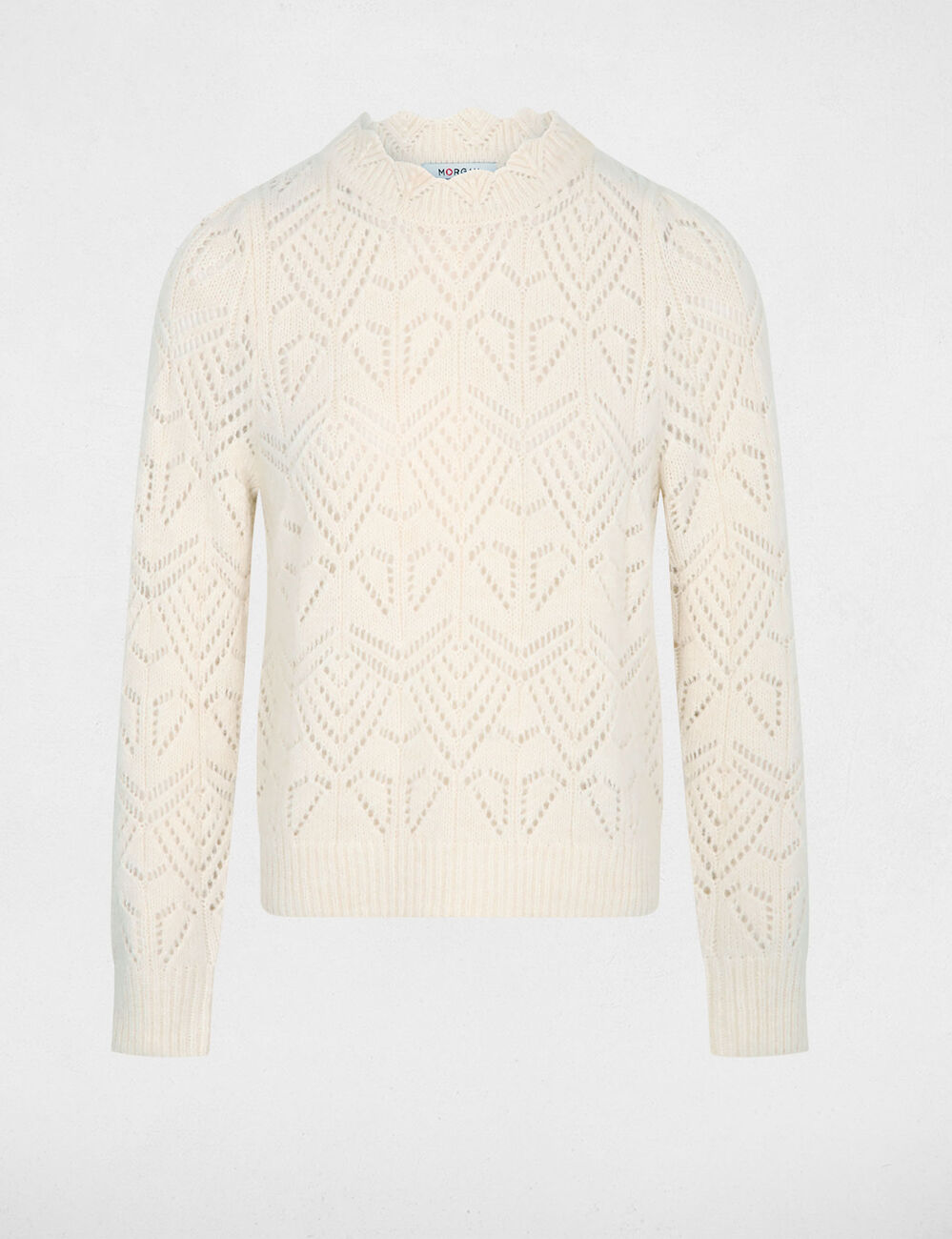 Pull ajour&eacute; col rond ivoire femme