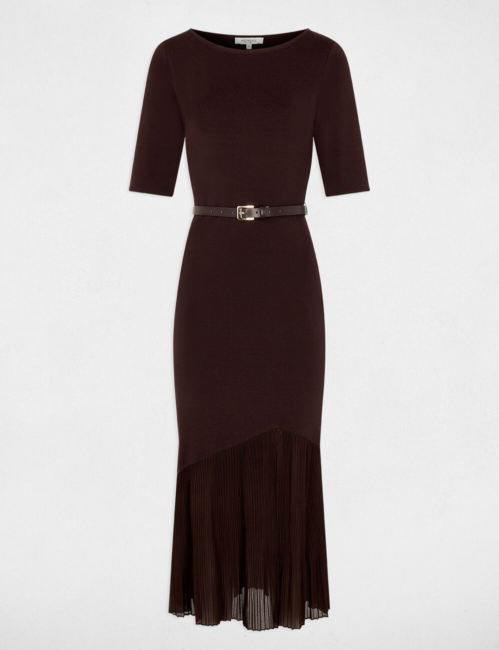 Robe tricot ceintur&eacute;e marron fonc&eacute; femme