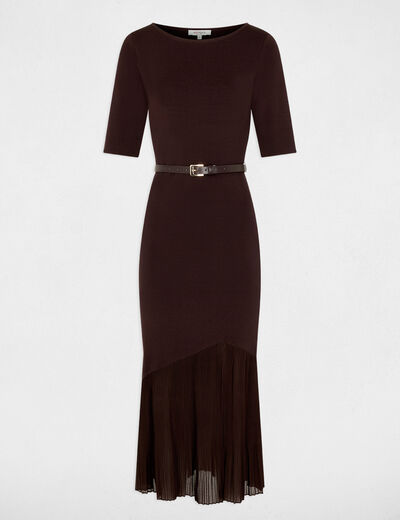 Robe tricot ceintur&eacute;e marron fonc&eacute; femme