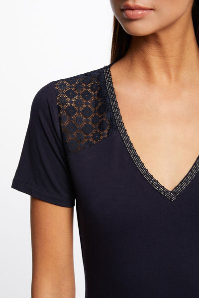 T-shirt manches courtes à dentelle marine femme