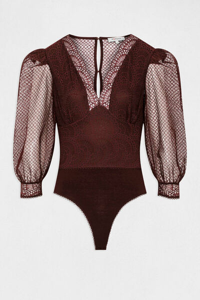 Body manches 3/4 bouffantes prune femme