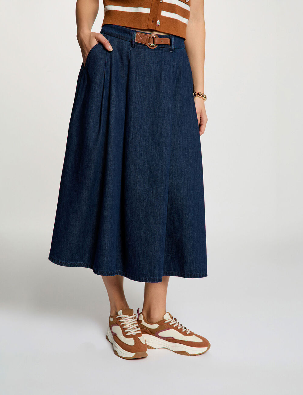 Jupe longue &eacute;vas&eacute;e denim brut femme
