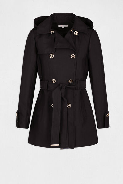 Trench droit ceinturé à capuche noir femme