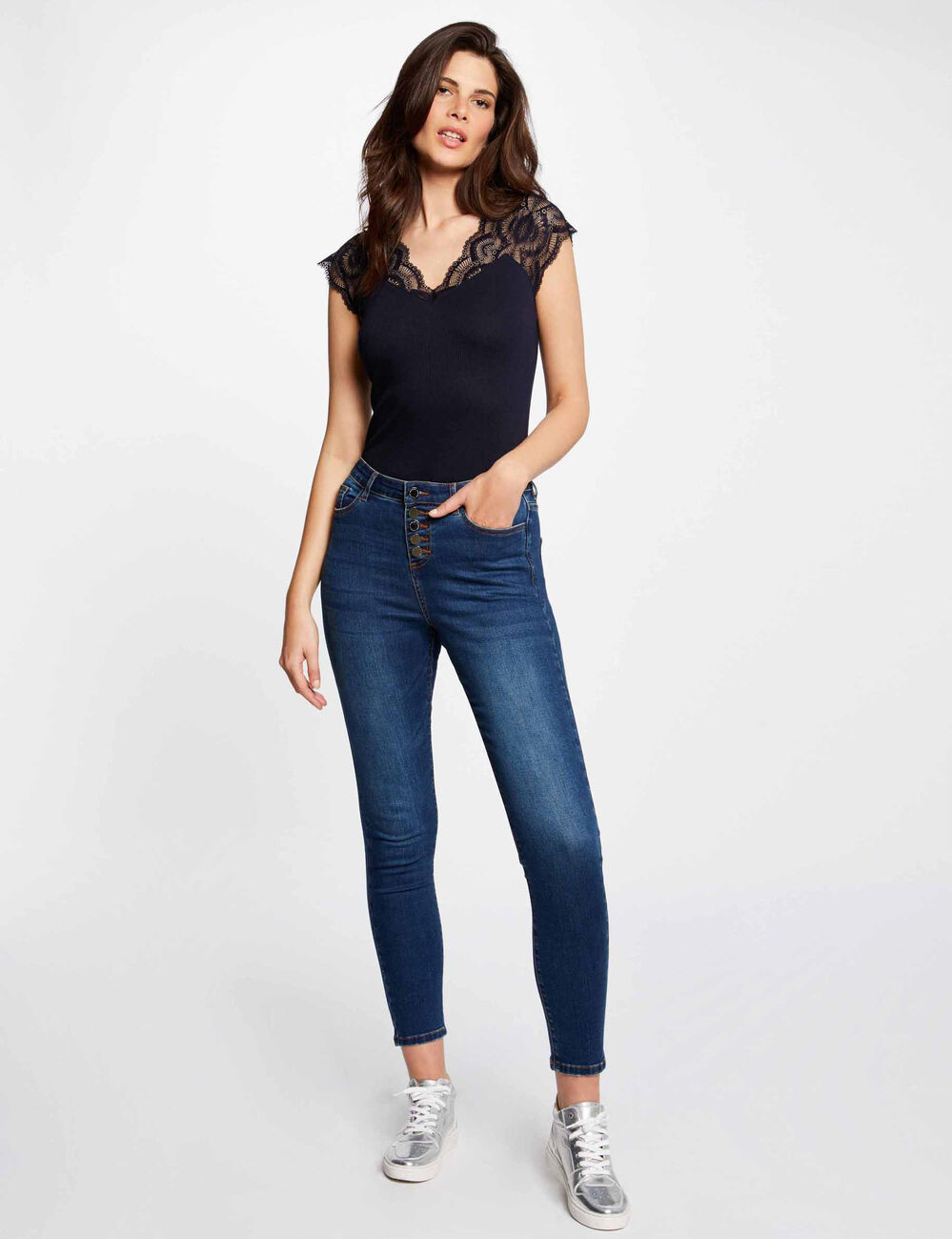 T-shirt manches courtes &agrave; dentelle marine femme