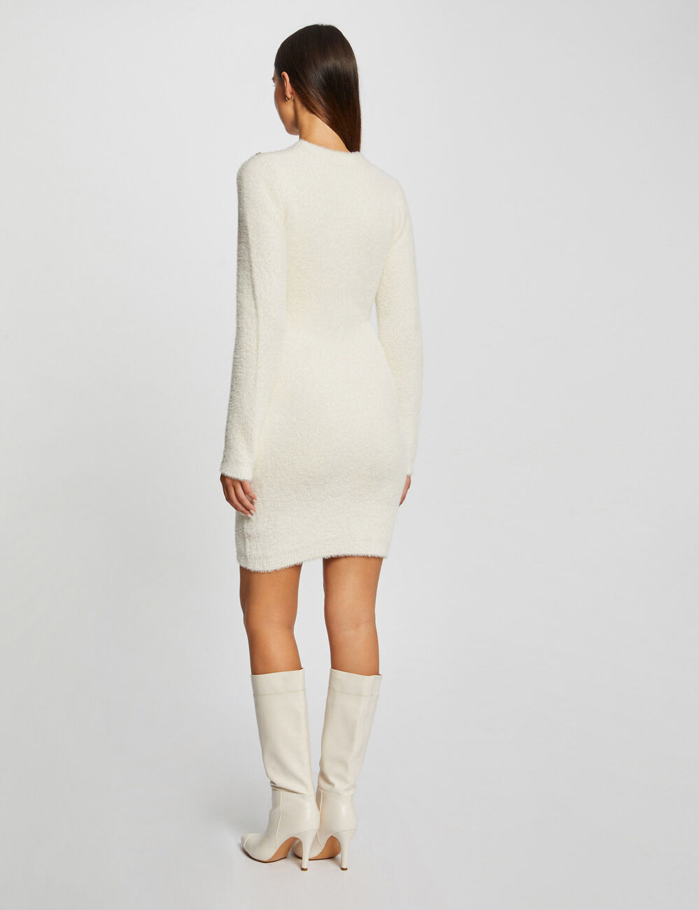 Robe pull ajustée maille duveteuse ivoire femme