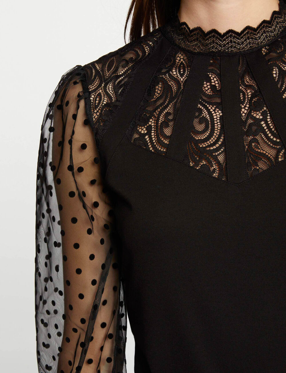 T-shirt manches longues &agrave; dentelle noir femme