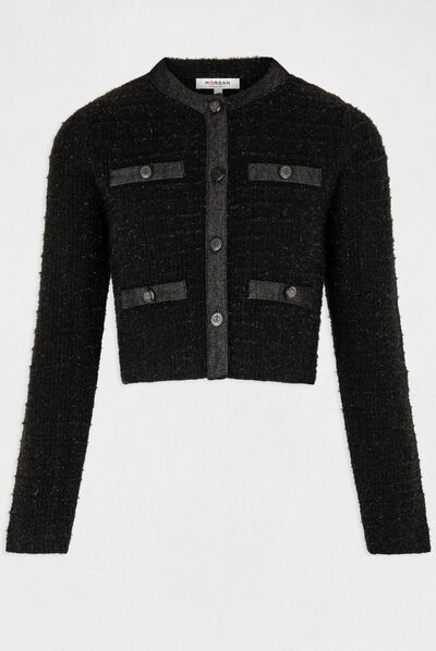 Gilet col rond boutonné noir femme