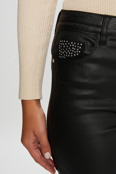 Pantalon skinny enduit à strass noir femme