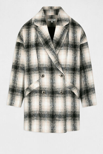 Manteau ample boutonné à carreaux beige femme