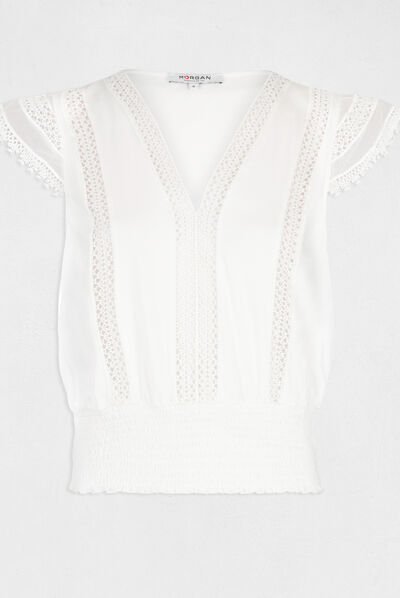 T-shirt manches courtes à dentelle ecru femme