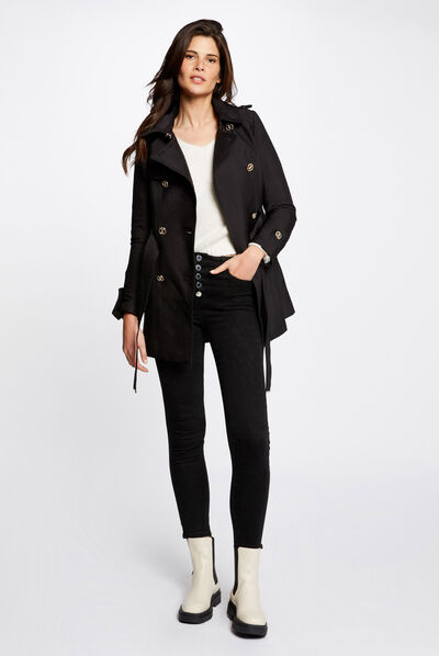 Trench droit ceinturé à capuche noir femme
