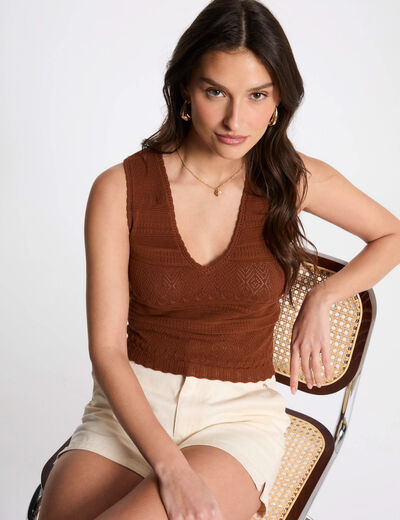 Top maille col en V marron cognac femme