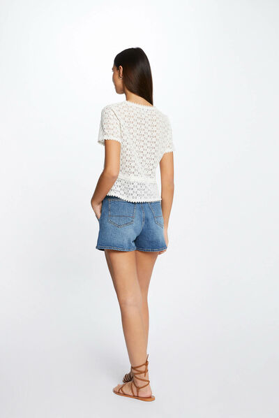 T-shirt manches courtes en dentelle ecru femme