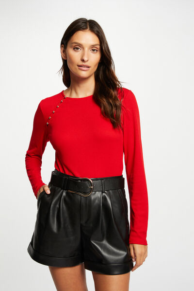 T-shirt manches longues côtelé rouge femme