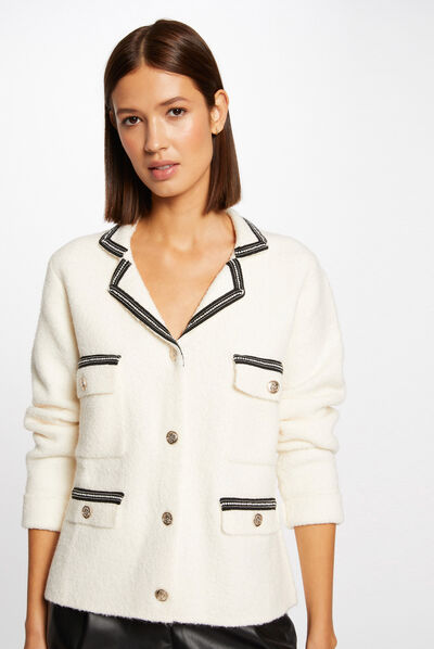 Gilet manches longues à détails bijoux ivoire femme