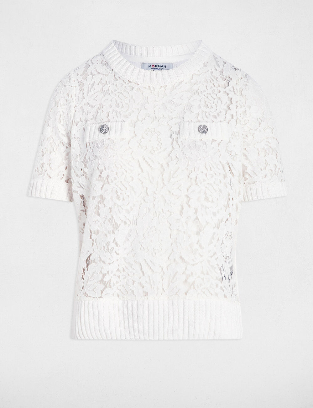 Pull manches courtes dentelle blanc femme