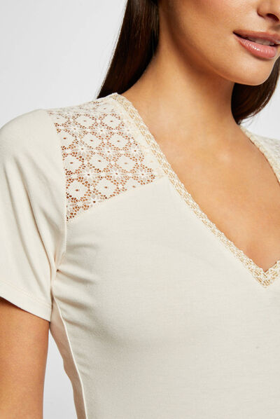 T-shirt manches courtes à dentelle ivoire femme