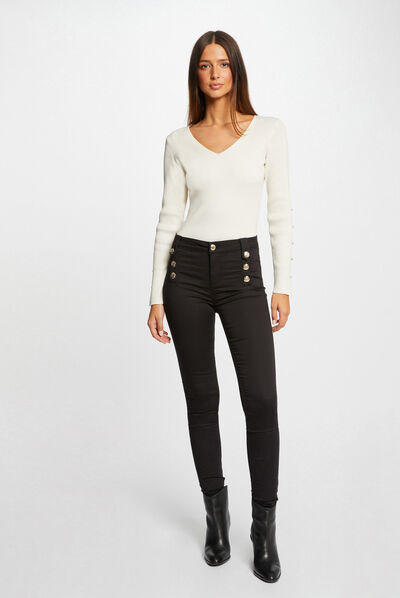 Pantalon skinny avec boutons décoratifs noir femme